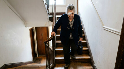 Fototapeta premium Elderly woman with eye patch walking down wooden stairs holding handrail. Senior female patient recovering from surgery. Concept of health, disability, safety and home care assistance.