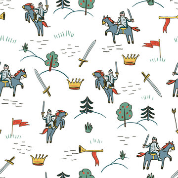 Seamless Medieval Knight Pattern with Horses, Swords, Crowns and Royal Symbols