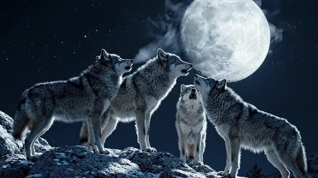 Wolf pack howling at full moon on rocky terrain
