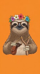 Fototapeta premium Cute Sloth Illustration Wearing Glasses and Flower Crown Holding a Slingshot on Orange Background