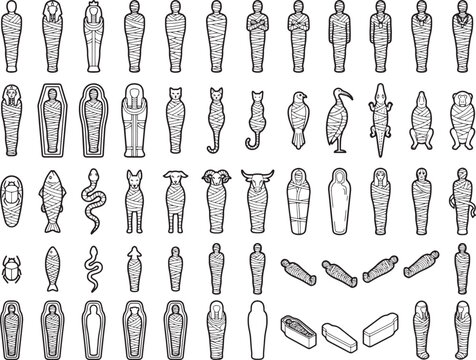 An collection of ancient Egyptian mummy icon, sarcophagus, ankh, Scarab beetle, cat, crocodile, and ibis for culture and religion graphic resources.