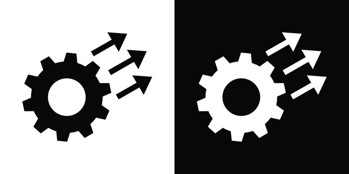 Industrial cog wheel icon paired with three diagonal ascending arrows, symbolizing mechanical progress, technical scaling, productivity increase, and engineering development.