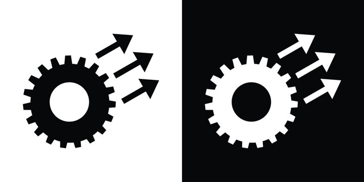 Industrial cog wheel icon paired with three diagonal ascending arrows, symbolizing mechanical progress, technical scaling, productivity increase, and engineering development.