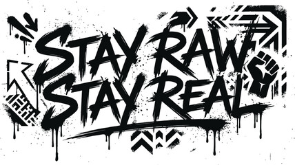 Obraz premium Stay raw stay real urban graffiti style text design with fist symbol, graffiti