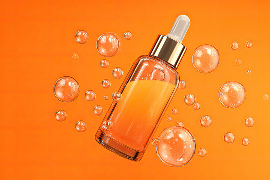 cosmetic serum hya vitamin c collagen Liquid bubble moisturizer hydrogen on orange background