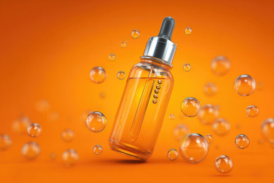 cosmetic serum hya vitamin c collagen Liquid bubble moisturizer hydrogen on orange background