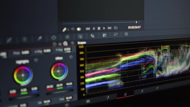 Color correction in video post production. Filmmaker colorgrading video material in an editing program. Editor working with content. Color grading with a waveform. 

