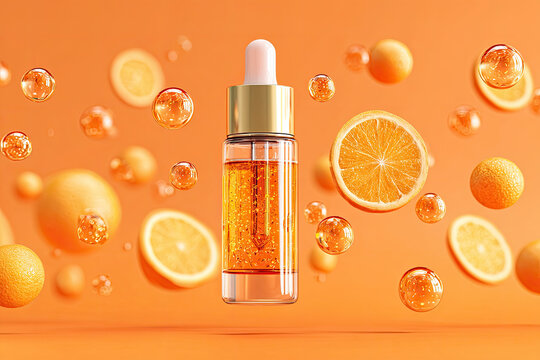cosmetic serum hya vitamin c collagen Liquid bubble moisturizer hydrogen on orange background