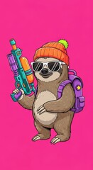 Fototapeta premium Funny Cartoon Sloth Wearing Beanie and Sunglasses Holding a Water Gun Illustration