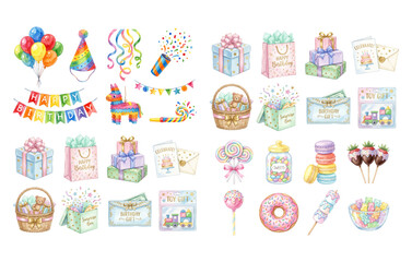 Obraz premium Birthday Party Watercolor Vector Set with Balloons Cake and Gifts
