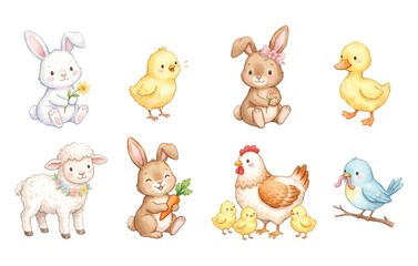 Obraz premium Easter Spring Baby Animals Watercolor Vector Set with Bunny and Chick