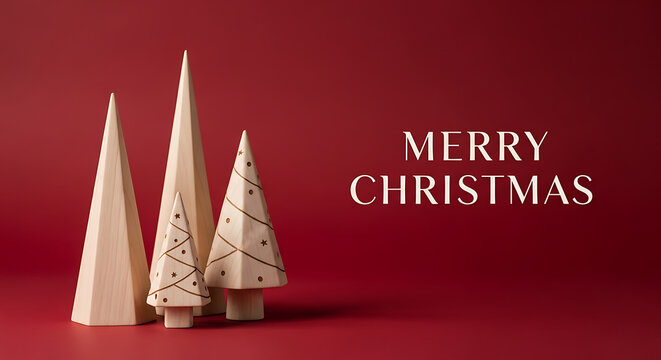 Minimalist wooden Christmas trees with elegant Merry Christmas signage on a vibrant red background for festive holiday greeting cards seasonal banners and New Year marketing advertisement visuals