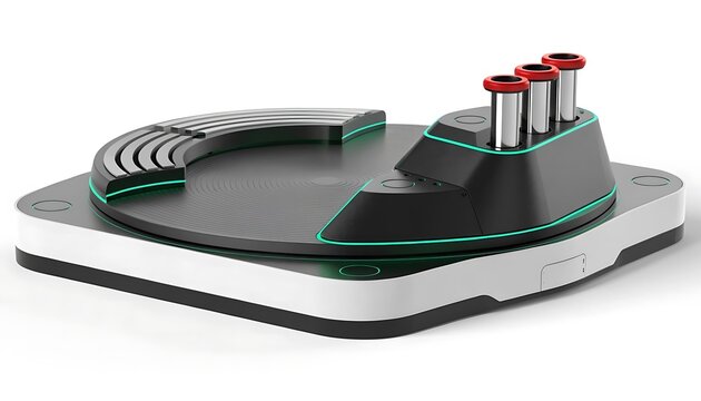 charging station pad with futuristic design black white green lights cylinders red tops technology innovation robotics automation science engineering device equipment hardware