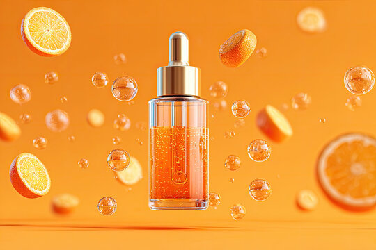 cosmetic serum hya vitamin c collagen Liquid bubble moisturizer hydrogen on orange background