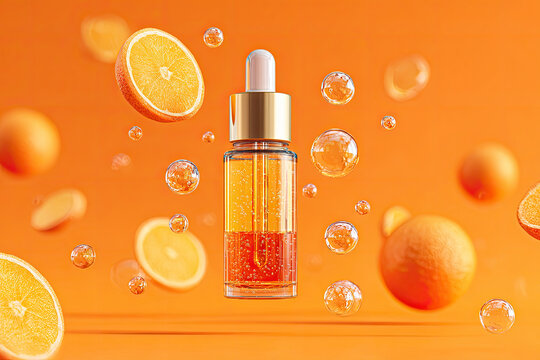 cosmetic serum hya vitamin c collagen Liquid bubble moisturizer hydrogen on orange background