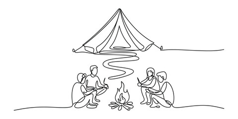Continuous line drawing of friends camping with a tent and a warm campfire at night © Monibala