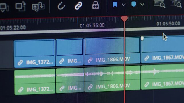 Close-up of a professional video editing timeline with video and audio tracks. Filmmaker editing video material in an editing program. Editor selecting and cutting clips on a timeline. 