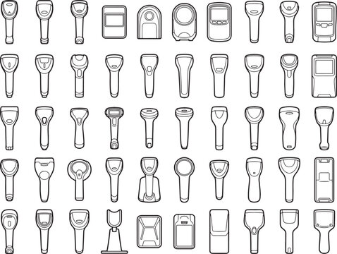 A collection of various electric shaver and grooming device outline icons arranged in a grid pattern.