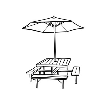 Picnic bench illustration with an umbrella, drawn by hand in black line. 