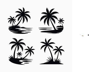 Fototapeta premium Black silhouette illustrations of palm trees on tropical islands beach