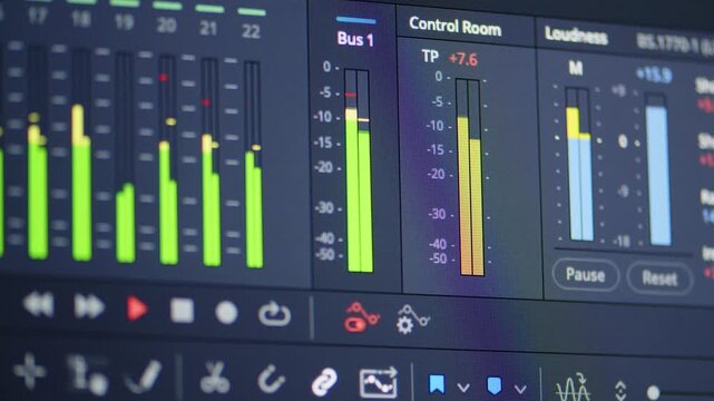 Sound mixing software panel monitoring loudness meters and audio frequencies. Audio post-production software interface with control room audio decibel meters on a screen. 
