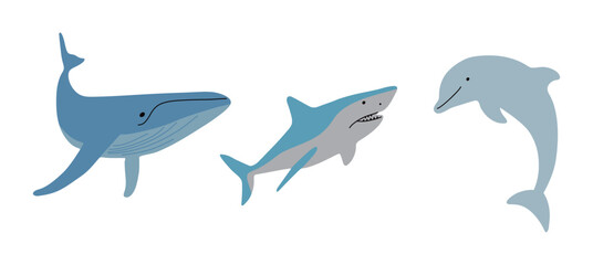 Fototapeta premium A set of hand-drawn vector illustrations of cute marine creatures such as whales, sharks, and dolphins. Marine animal graphic elements suitable for children's design and education.