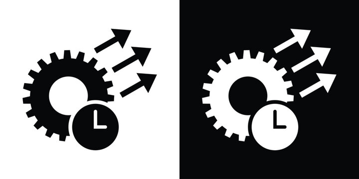 Gear icon with a clock and three upward arrows, representing time management, workflow optimization, productivity growth, and operational efficiency in solid black and white variations.