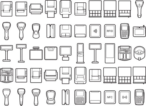 A collection of outline icons representing various modern payment terminals and point-of-sale devices, showcasing technology for secure transactions and digital commerce.