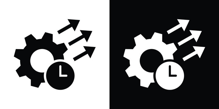 Gear icon with a clock and three upward arrows, representing time management, workflow optimization, productivity growth, and operational efficiency in solid black and white variations.