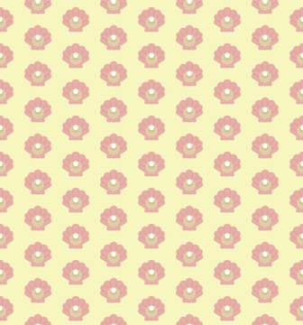 Seamless pattern with cute pink seashells holding white pearls on a cream background. Minimalist marine ocean life vector illustration for baby textiles, kids product packaging, and stationery design.