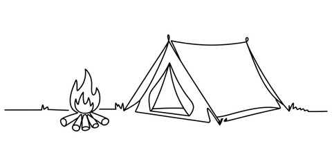 Continuous line drawing of a camping tent and a burning campfire in the nature © Monibala