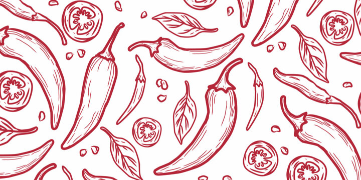Chili pepper seamless pattern. Hand drawn spicy food background. Red hot chili vegetable wallpaper. Culinary ingredient texture.