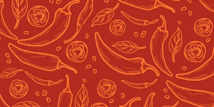 Chili pepper seamless pattern. Hand drawn spicy food background. Red hot chili vegetable wallpaper. Culinary ingredient texture.