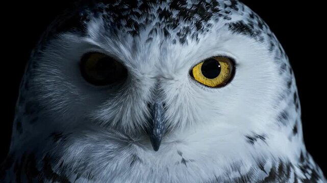 Close up of a snowy owl with eyes closed and black speckled feathers