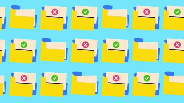 Seamless pattern of yellow file folders with checkmarks and cross signs on a blue background animation. Flat design data organization wallpaper with a minimalist archive directory audit check backdrop