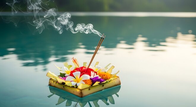 Balinese Canang Sari Offering with Burning Incense Floating on Calm Turquoise Water