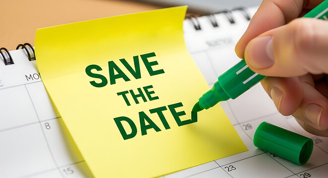 Hand clutching a green pen inscribing a Save the Date message onto a vibrant yellow adhesive memo pad used for organizing an important event or schedule reminder.