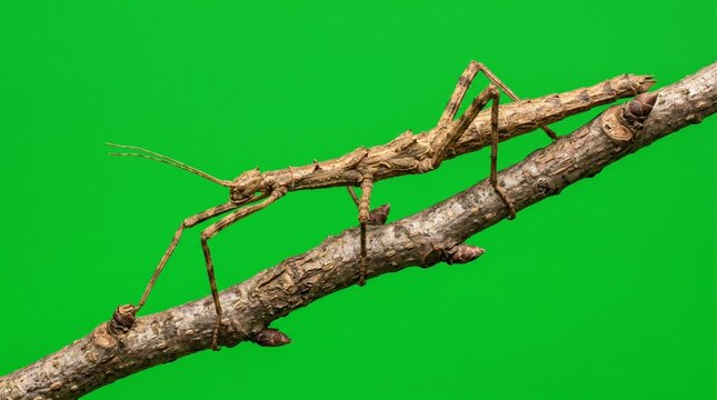 Stick insect camouflaged on green branch in natural habitat with detailed texture