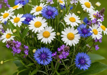 Fototapeta premium Beautiful bouquet of white daisy flowers and blue cornflowers on a simple green background