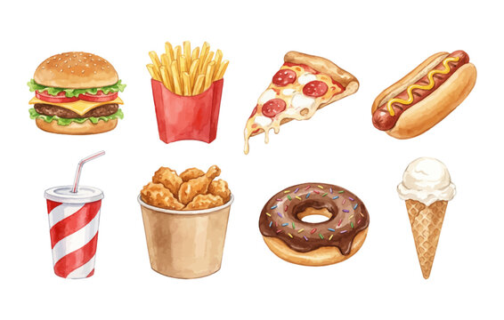Fast Food Watercolor Vector Set with Burger Pizza and French Fries