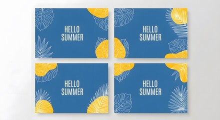 Obraz premium Hello summer greeting card with sun and palm leaves