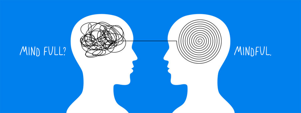 Trendy collage of human silhouettes with tangled chaotic and smooth spiral in head. Psychology, stress, clarity, mental health, support, coaching, therapy concept. Hand drawn vector illustration.