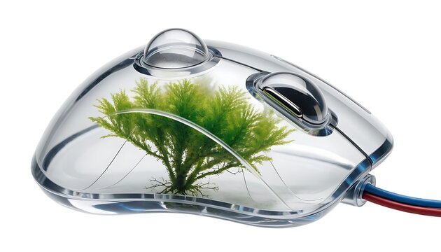 transparent computer mouse with aquatic plant bio tech glass innovative design future ecological sustainable conceptual art technology nature integration eco friendly device