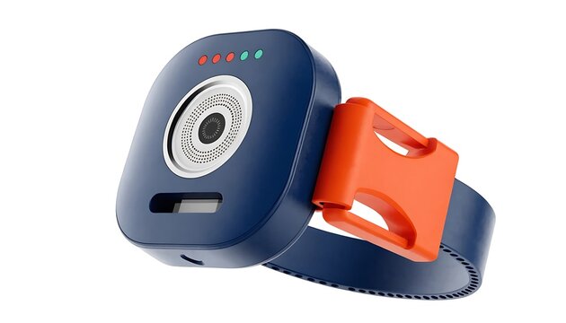 pet communication translator device 3d rendering futuristic technology wearable collar orange blue gadget innovation animal accessory modern design electronic product concept visualization