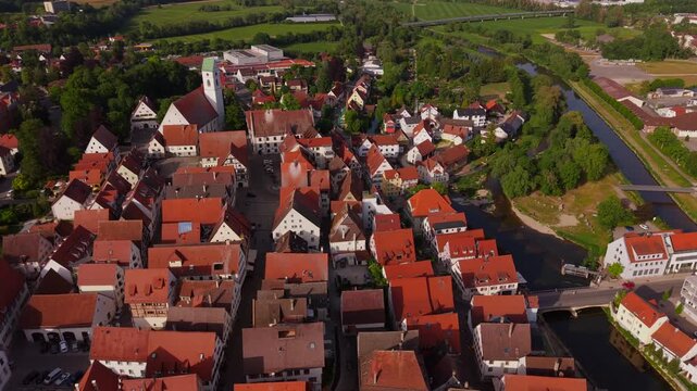 Aerial summer view of Riedlingen, Germany, showing historic market town, St. Georg Church, Danube River and Swabian houses. Luftaufnahme von Riedlingen im Sommer, mit Altstadt, St. Georg Kirche