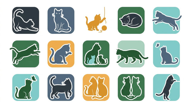 Colorful Flat Design Cat Icons Set.