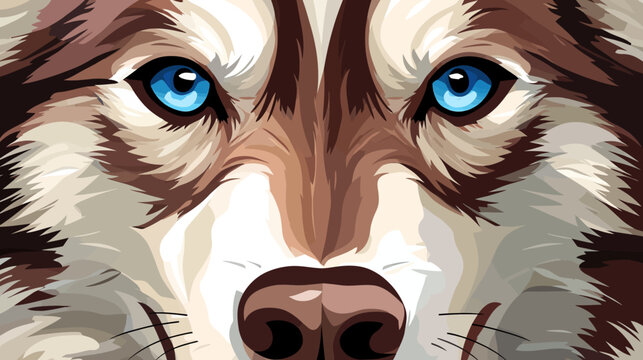 Close-up stylized wolf face with piercing blue eyes and rich brown fur detailed