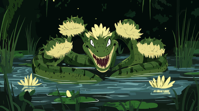 Four crocodiles with yellow-lily crowns lie together in a dark swamp under moon