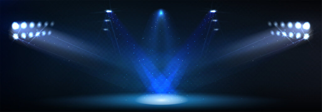 Stadium spotlight shining bright on transparent background. Vector realistic illustration of illumination system for concert stage, show, sports event, night football match, powerful light beams