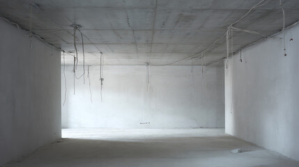 Obraz premium Empty interior space with unfinished walls and ceiling, showcasing construction details and potential for design.